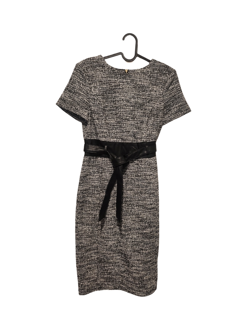 Calvin Klein Black and White Tweed Sheath Dress with Waist Tie